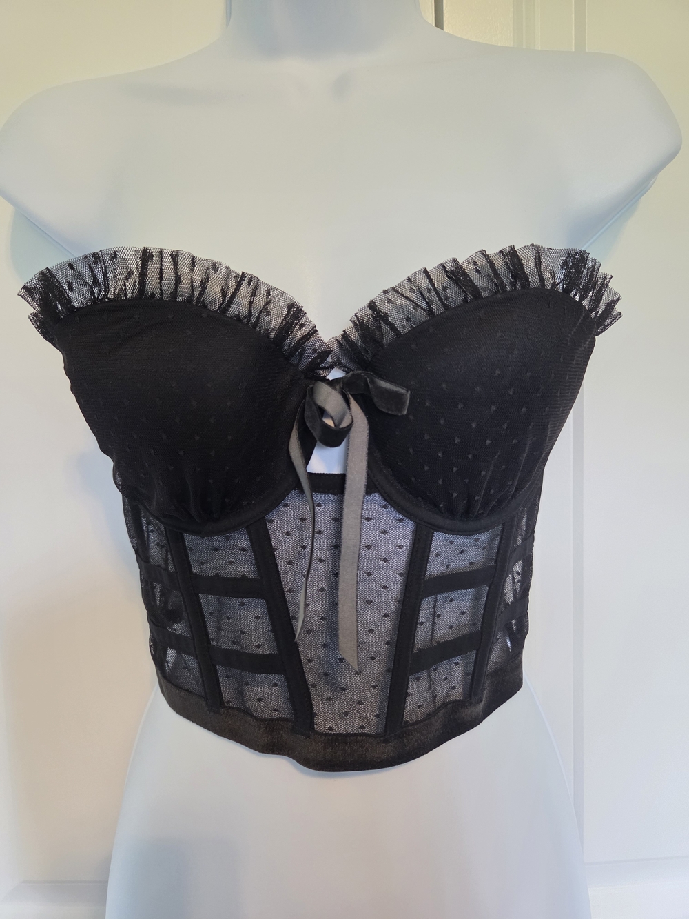 NWT Victoria's Secret Black Sheer Polka-Dot Longline Bustier with Ruffle Trim